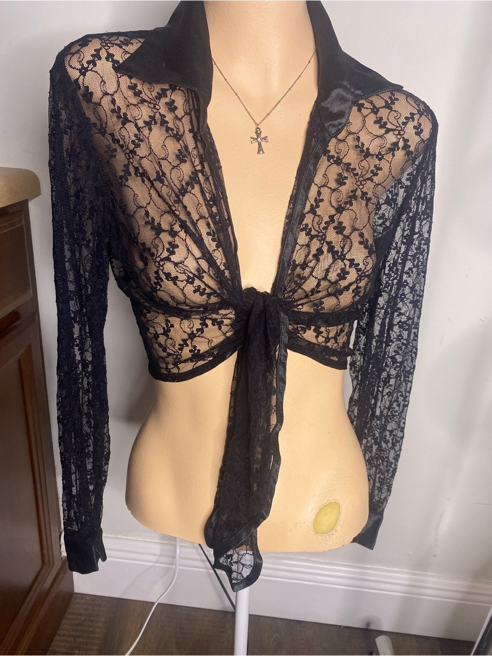Sheer Black Lace Tie-Front Crop Top
